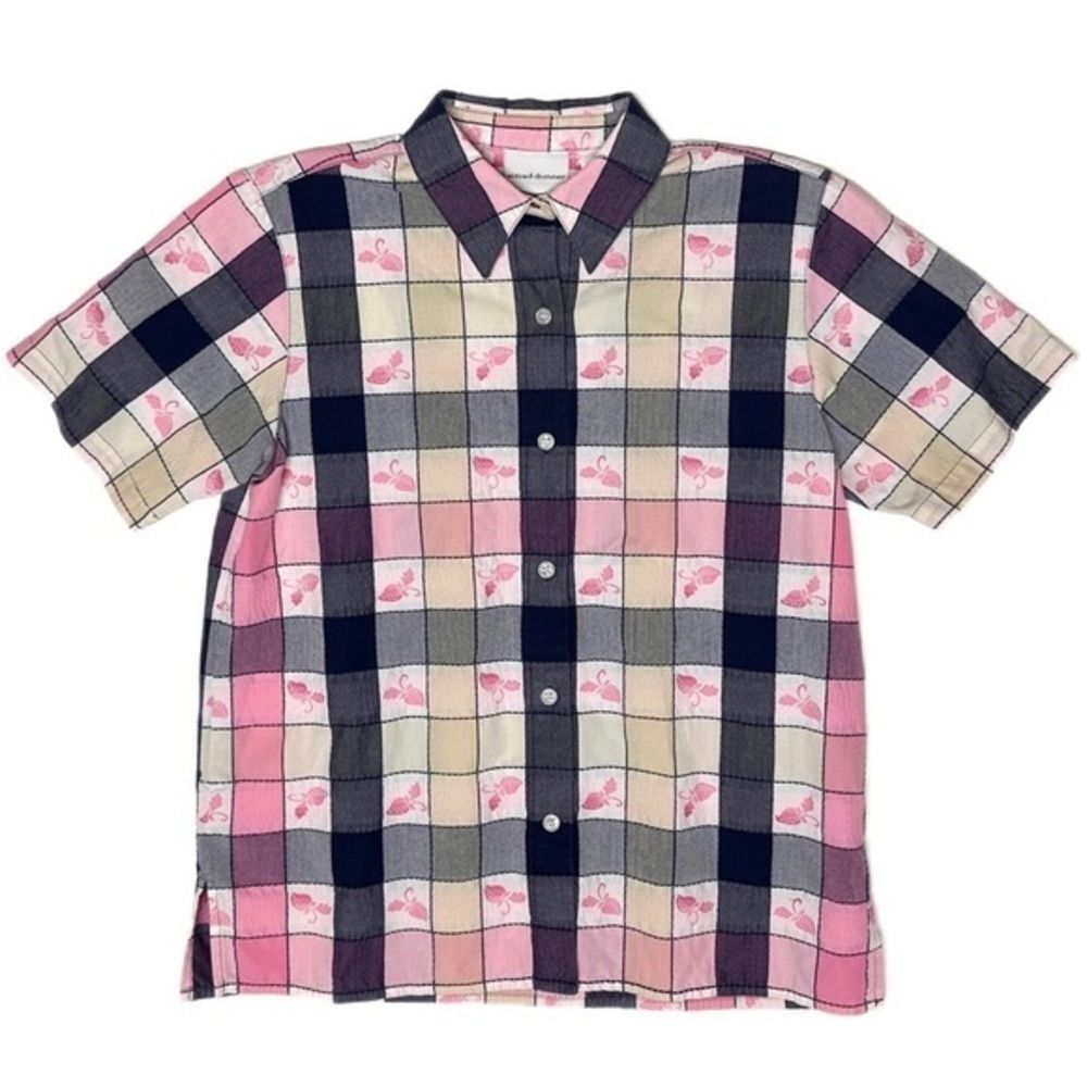 Vintage Strawberries Check Plaid Short Sleeve Button Up Shirt Cotton Cottage 10